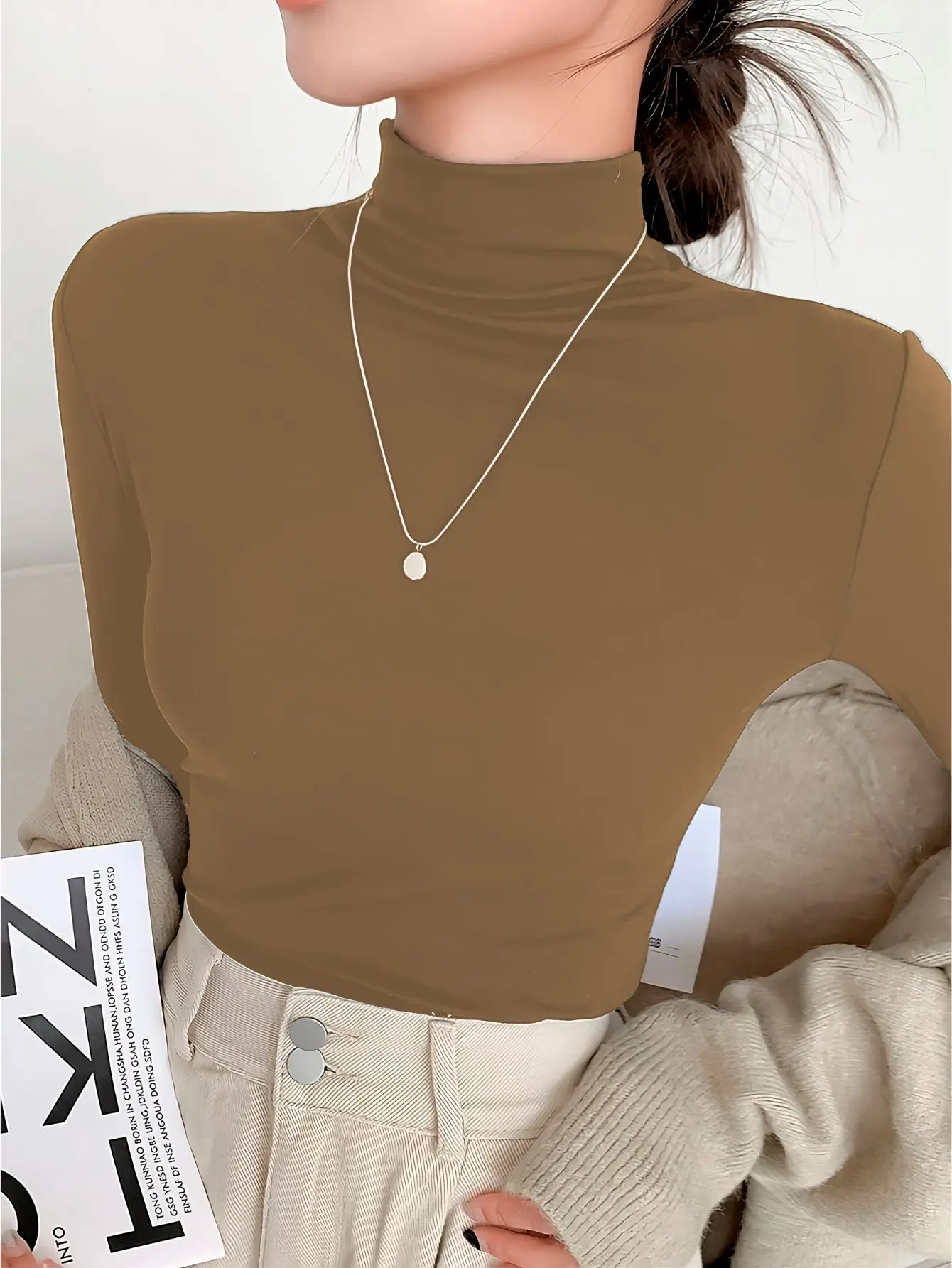 Blusa Gola Alta Manga Longa T-shirt Feminina Elegante Casual Trabalho - Imagem 4