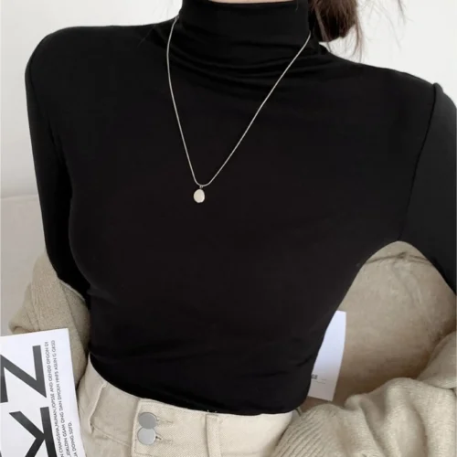 Blusa Gola Alta Manga Longa T-shirt Feminina Elegante Casual Trabalho