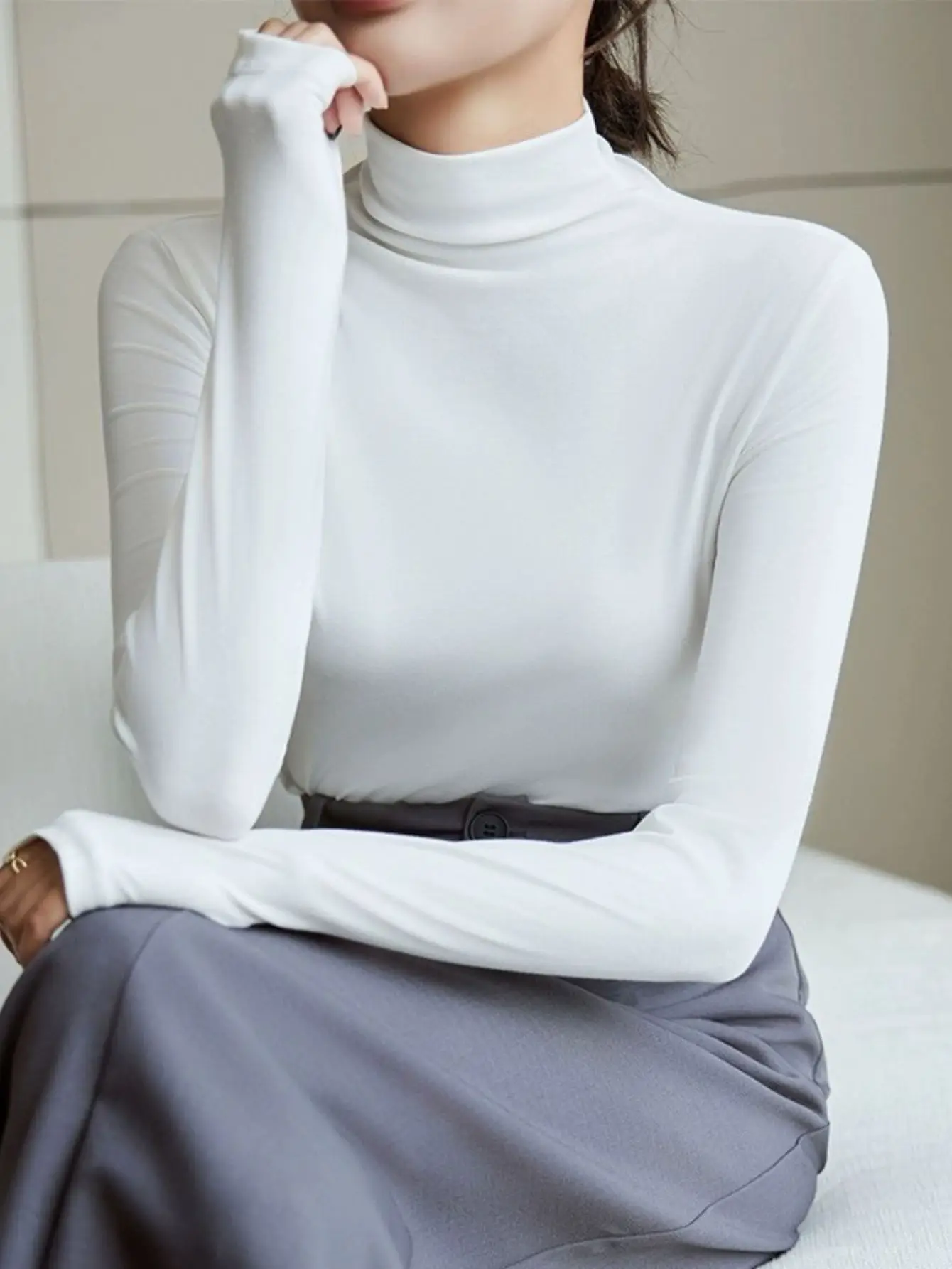Blusa Gola Alta Manga Longa T-shirt Feminina Elegante Casual Trabalho - Imagem 2
