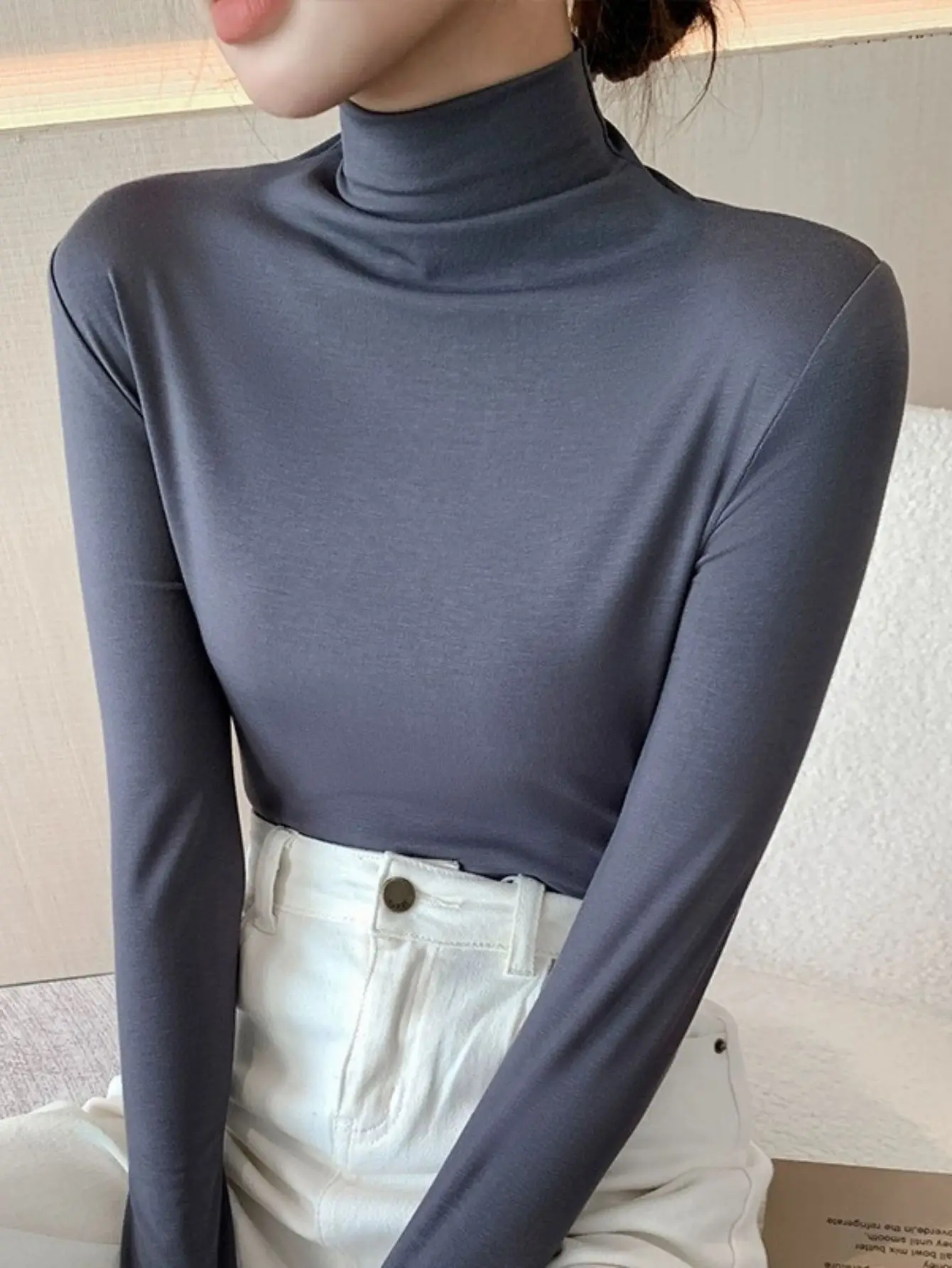 Blusa Gola Alta Manga Longa T-shirt Feminina Elegante Casual Trabalho - Imagem 6