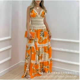 Vestido de Praia Feminino com Painel de Bordas, Saia Longa, Decote V, Estampado, Férias Europeu e Americano, Sexy, Verão, 2022 - Imagem 7