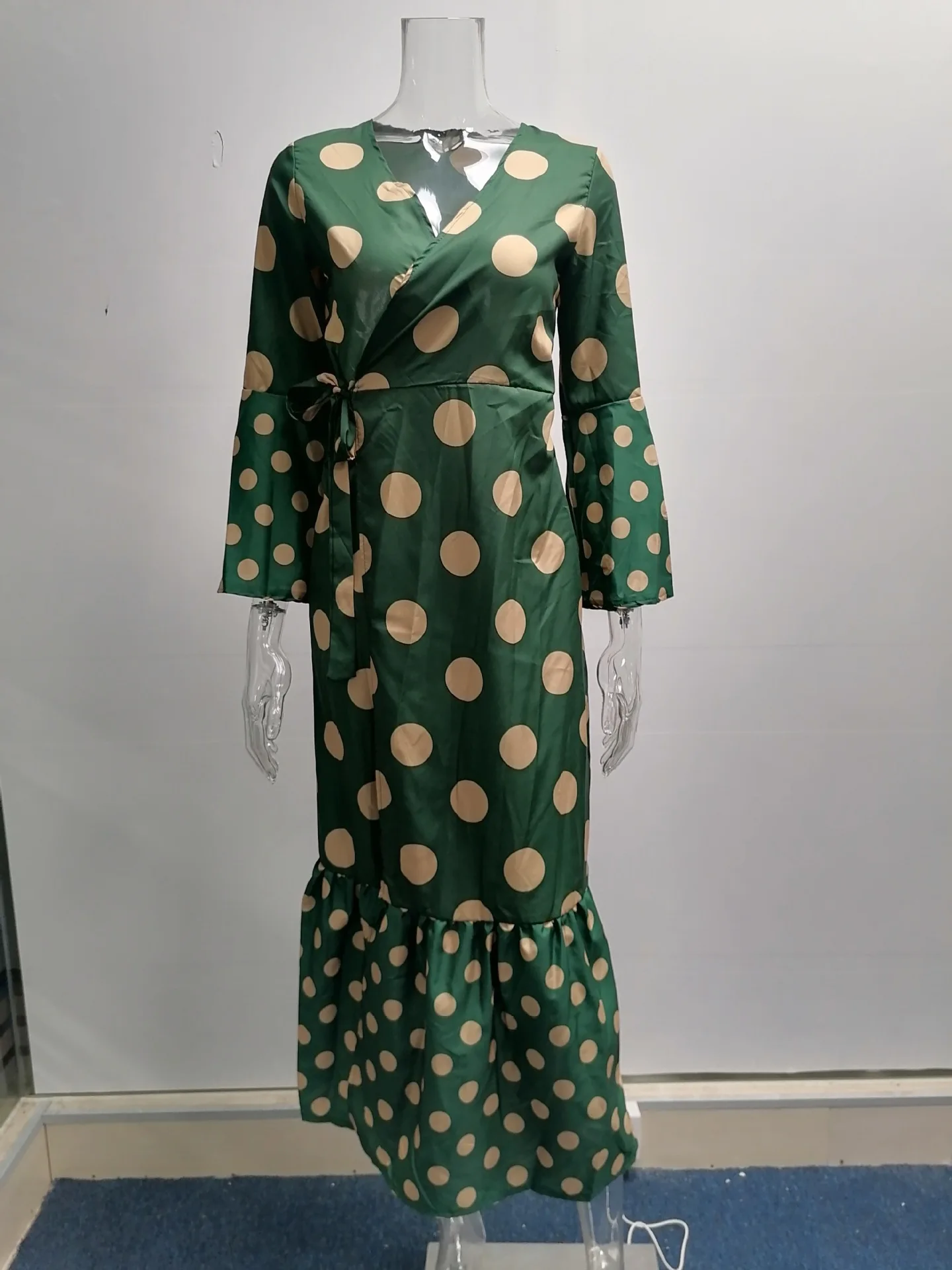 Novo outono inverno manga comprida amarrado com decote em v suspender costura impresso elegante e confortável vestido de fenda para mulher - Imagem 23