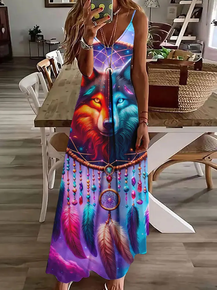 2024 novo vestido de estampa vintage de coruja 3D, sem mangas, longo, feminino, padrão tribal, pulseira de espaguete, verão, vestido longo e solto - Imagem 23