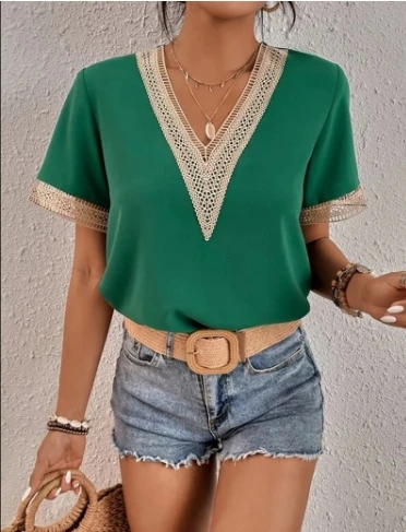 Blusas femininas primavera verão mais recente 2025 com decote em v renda casual camisa de cor sólida manga curta camiseta solta ajuste superior pulôver - Imagem 12
