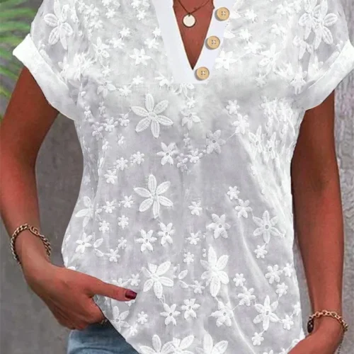 Verão casual camisa com decote em v blusa feminina moda branco jacquard camisas de manga curta feminina 2024 escritório senhoras blusa elegante topos