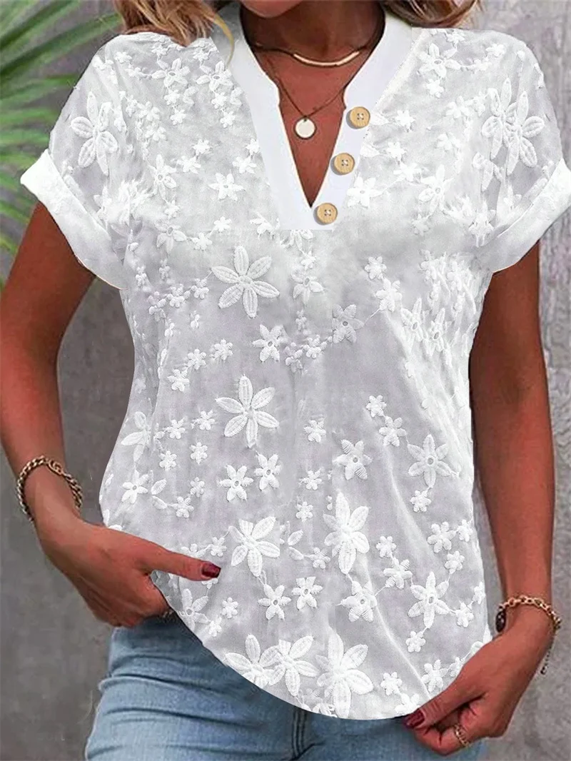 Verão casual camisa com decote em v blusa feminina moda branco jacquard camisas de manga curta feminina 2024 escritório senhoras blusa elegante topos