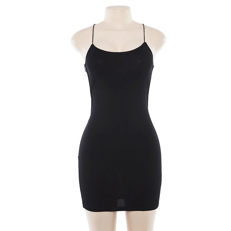 Sexy preto verão roupas femininas cor sólida sem costas cintas de espaguete boate vestido bodycon festa à noite baixo pescoço mini vestido - Imagem 28
