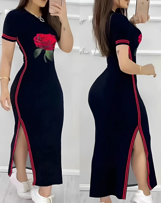 Vestidos femininos verão 2024 elegante emagrecimento sexy rosa impresso lado listrado divisão cintura alta manga curta casual midi vestidos longos - Imagem 4