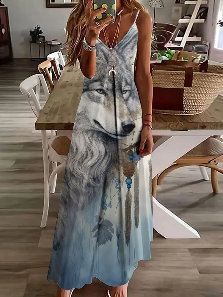 2024 novo vestido de estampa vintage de coruja 3D, sem mangas, longo, feminino, padrão tribal, pulseira de espaguete, verão, vestido longo e solto - Imagem 16