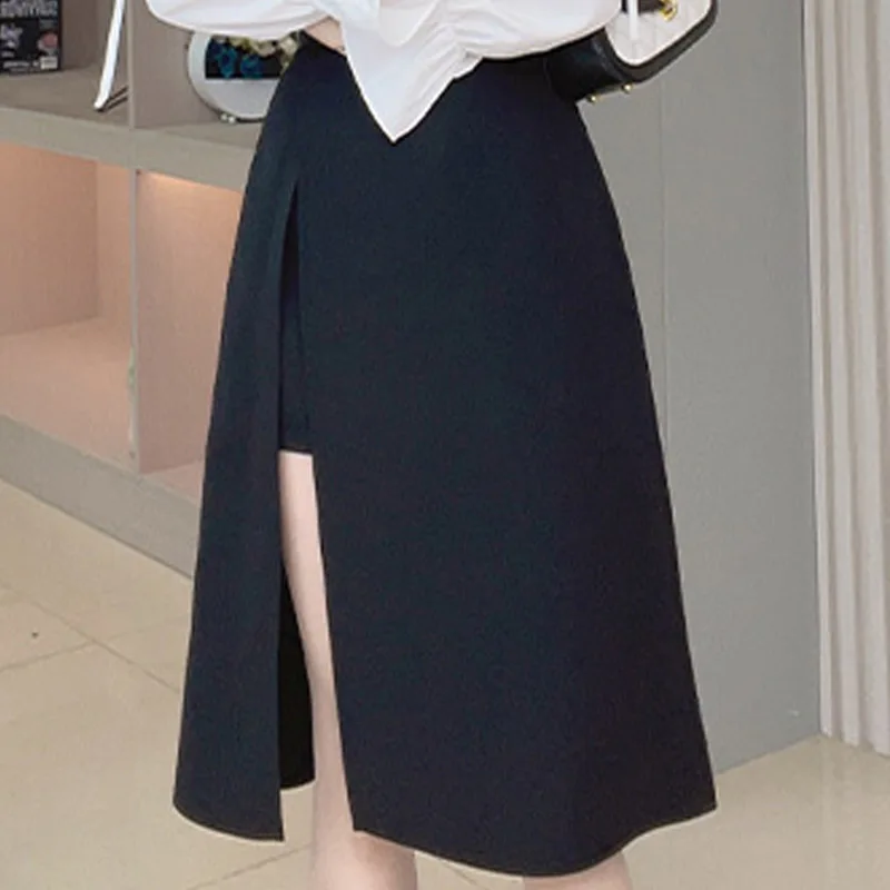 Saia preta de fenda irregular de cintura alta feminina, verão, comprimento médio, linha A, Harajuku, vintage, roupas femininas, novo, 2023 - Imagem 7