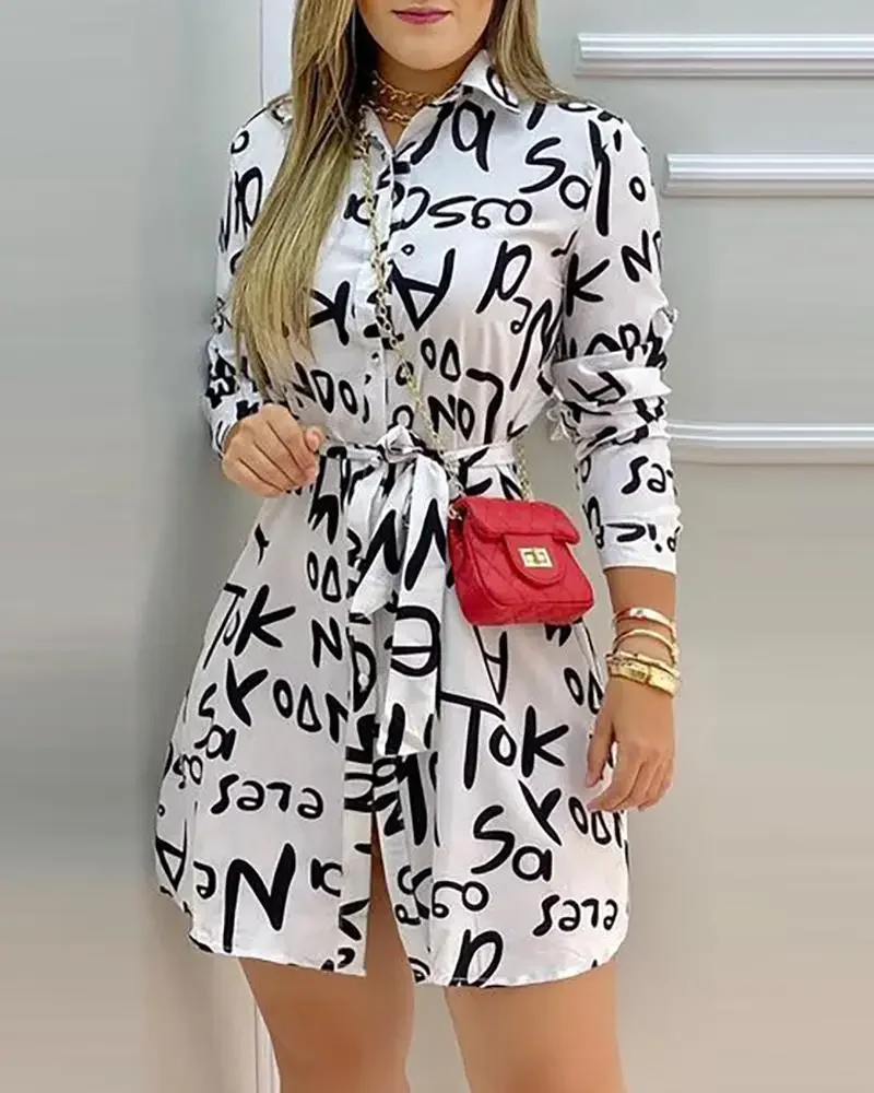 Mulheres elegante vestido carta impressão manga longa camisa casual vestido verão primavera férias mini vestidos senhora do escritório 2025 vestidos - Imagem 5
