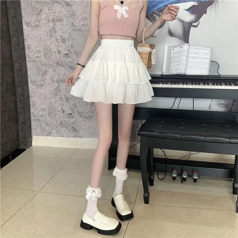 Mini saia de babados brancos para mulheres, cintura elástica, linha A, solta, estilo preppy, fofa, curta, plissada, moda coreana, kawaii - Imagem 28