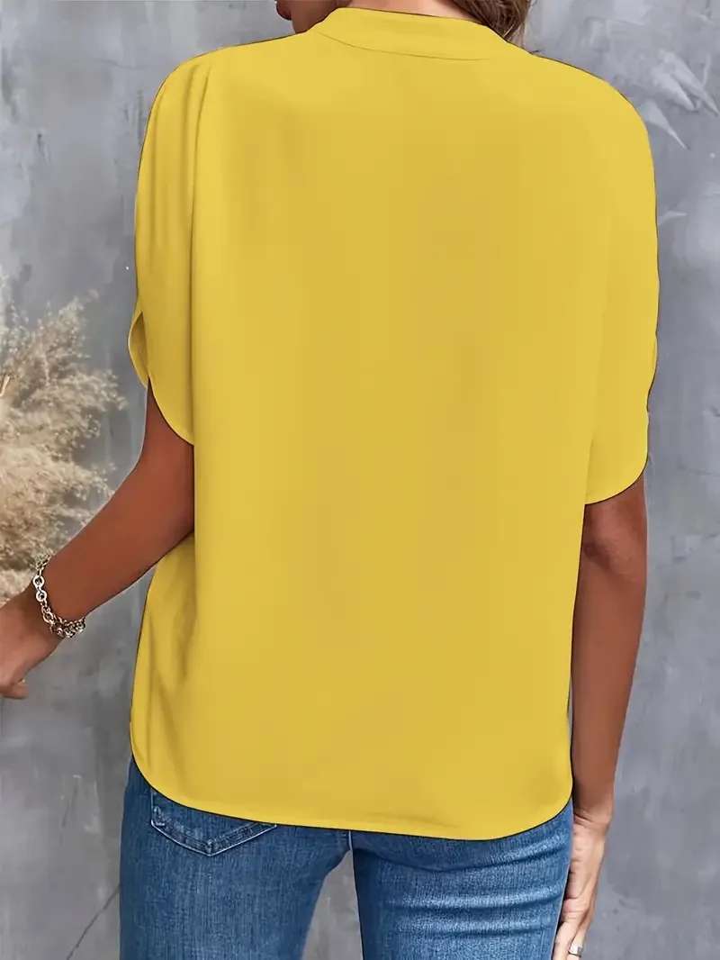 Verão elegante blusa feminina novo decote em v manga curta cor sólida camisa solta casual branco topos senhora do escritório blusas - Imagem 15