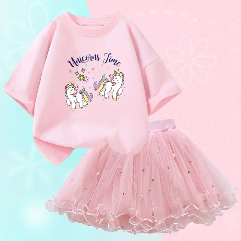 Conjunto de duas peças feminino, saia de malha tutu e camiseta, roupa de festa infantil, bonita coreana, moda verão, 3-14 anos - Imagem 25