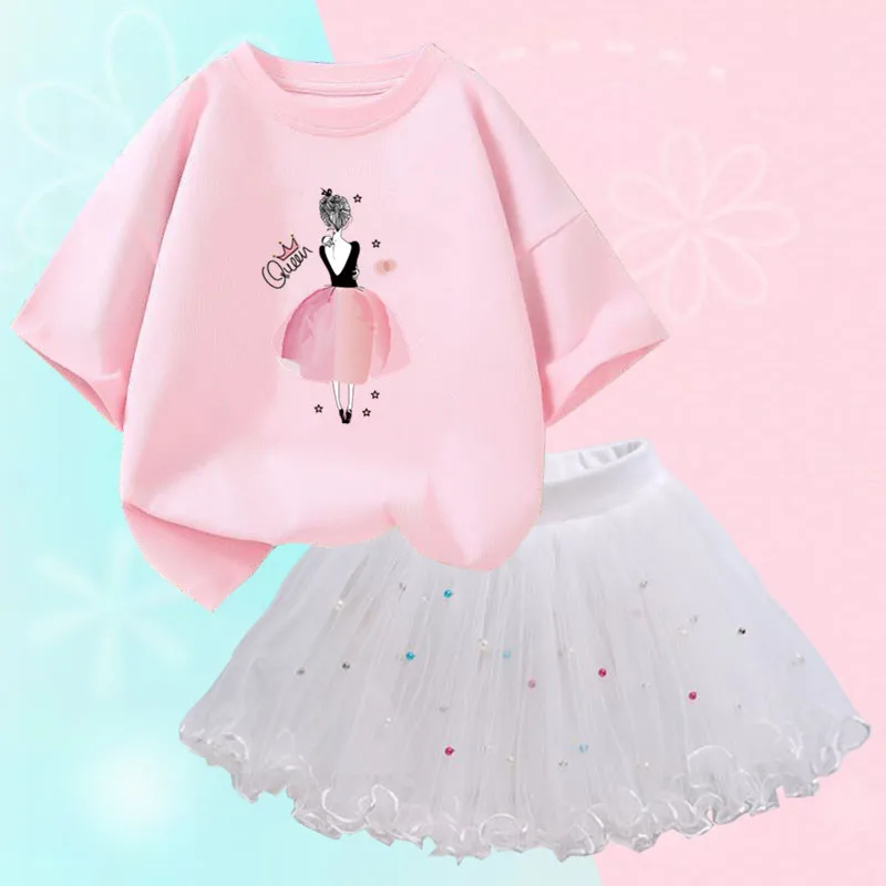Conjunto de duas peças feminino, saia de malha tutu e camiseta, roupa de festa infantil, bonita coreana, moda verão, 3-14 anos - Imagem 17