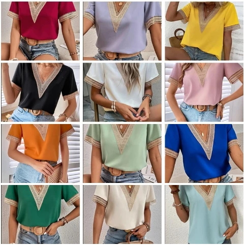 Blusas femininas primavera verão mais recente 2025 com decote em v renda casual camisa de cor sólida manga curta camiseta solta ajuste superior pulôver - Imagem 2