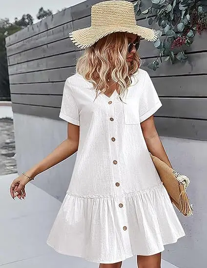 Casual algodão linho verão mini vestido para mulheres com decote em v babados manga curta vestido curto senhoras moda vestidos de botão solto - Imagem 12