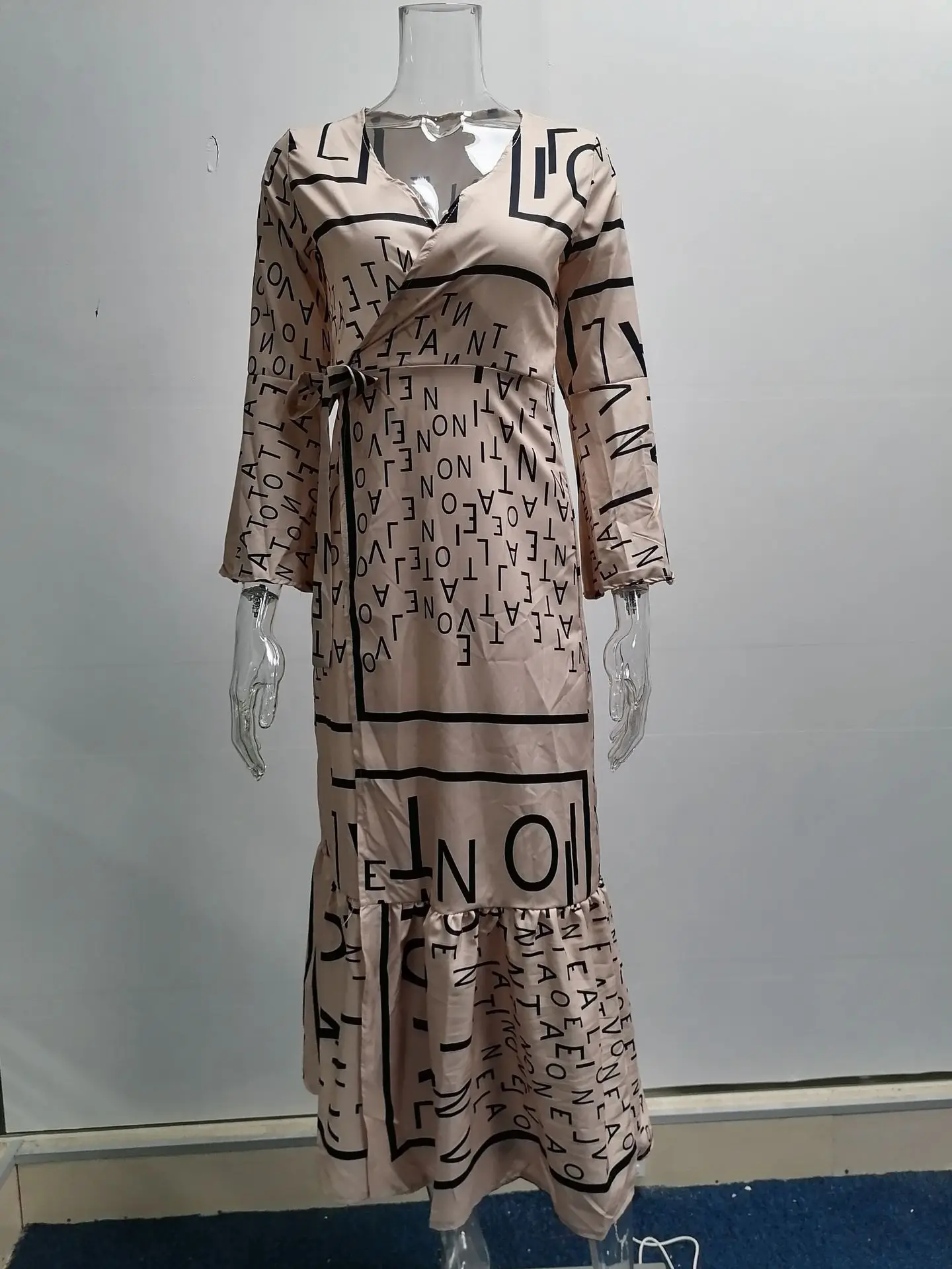 Novo outono inverno manga comprida amarrado com decote em v suspender costura impresso elegante e confortável vestido de fenda para mulher - Imagem 21