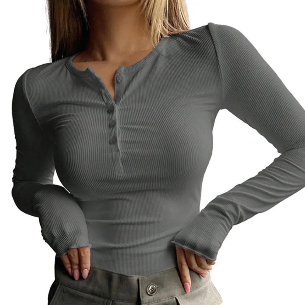 Mulheres outono primavera topo o pescoço botão manga longa fino ajuste pulôver macio respirável elástico estilo simples blusa feminina - Imagem 10