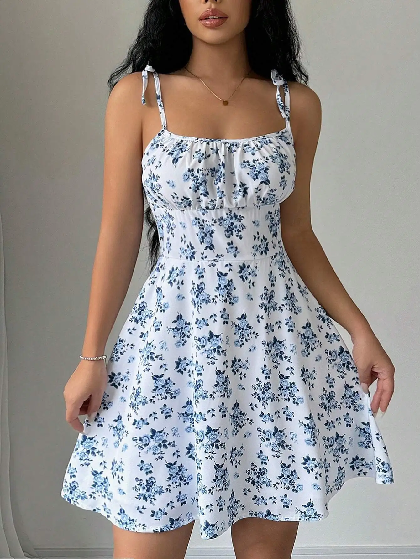 Vestido curto de praia com alça espaguete floral de verão feminino, mini vestido feminino, roupas femininas, vestidos vermelhos, vestido, novo vestido 2025 - Imagem 8