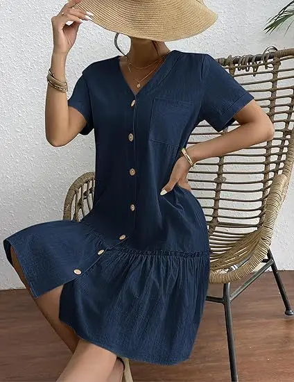 Casual algodão linho verão mini vestido para mulheres com decote em v babados manga curta vestido curto senhoras moda vestidos de botão solto - Imagem 31