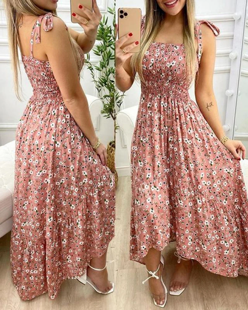 Verão sexy cinta de espaguete floral impressão maxi vestido para mulheres casual elegante peito envoltório longo mulher vestido de praia férias