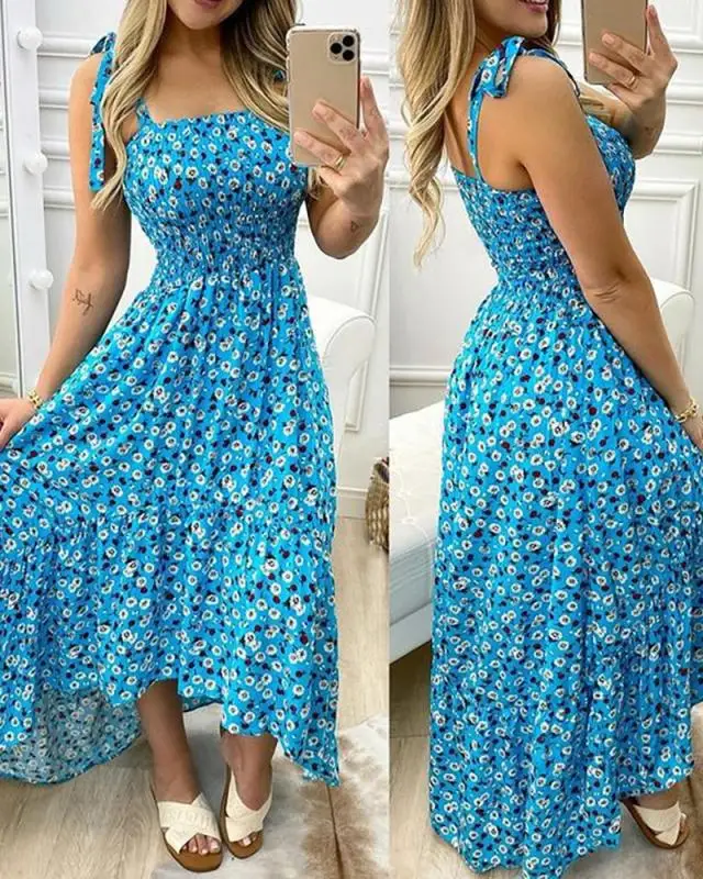 Verão sexy cinta de espaguete floral impressão maxi vestido para mulheres casual elegante peito envoltório longo mulher vestido de praia férias - Imagem 11