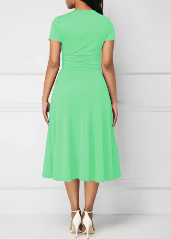 Vestidos de verão elegantes femininos cor sólida manga curta com decote em v assimétrico bainha cintura apertada midi vestido de festa senhoras vestidos de noite - Imagem 27