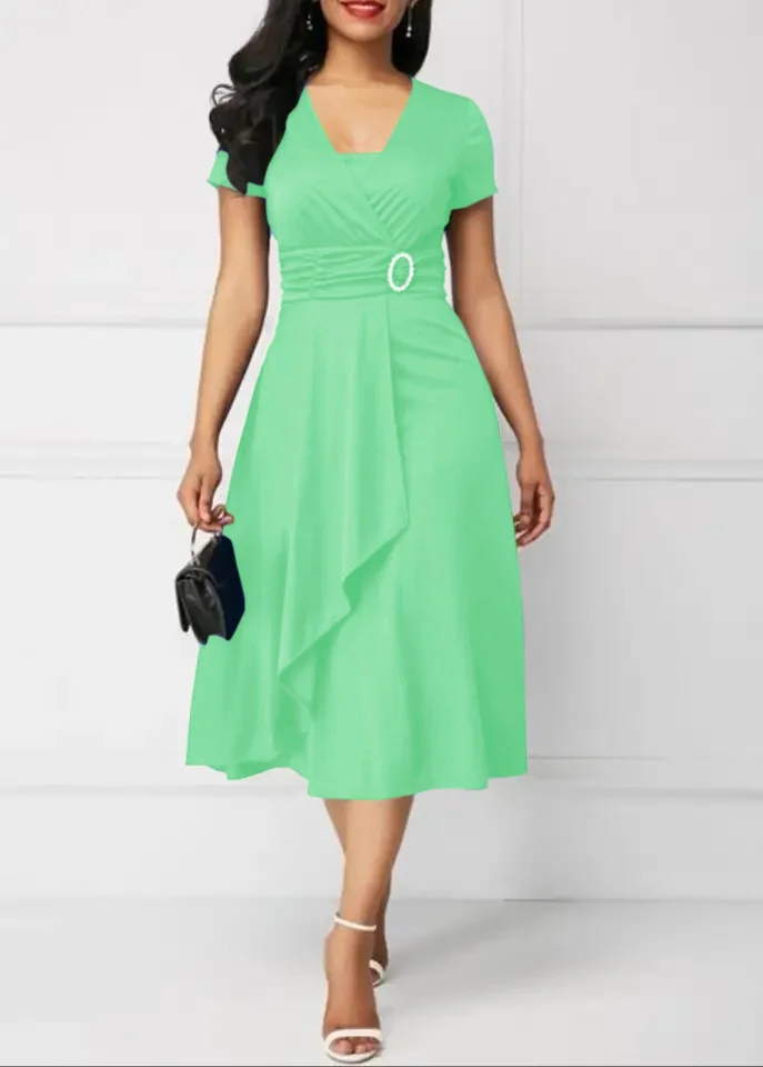 Vestidos de verão elegantes femininos cor sólida manga curta com decote em v assimétrico bainha cintura apertada midi vestido de festa senhoras vestidos de noite - Imagem 25