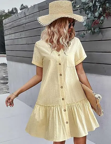 Casual algodão linho verão mini vestido para mulheres com decote em v babados manga curta vestido curto senhoras moda vestidos de botão solto - Imagem 10