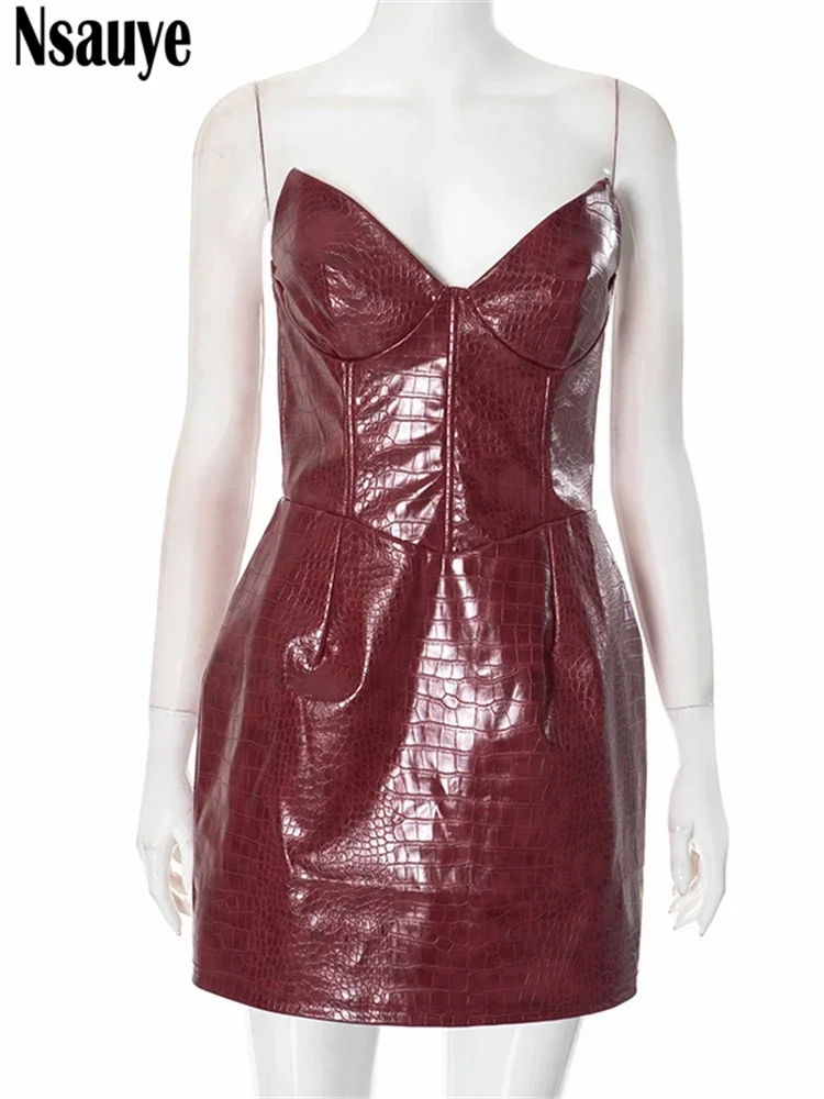 Nsauye novo elegante sexy moda couro sem alças vestido feminino noite clube festa curto bodycon vestido de cintura alta 2025 - Imagem 5
