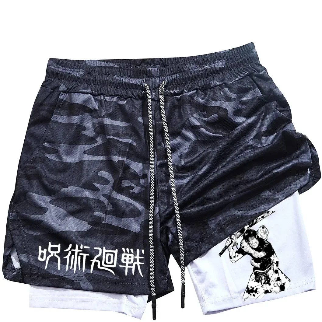Calções de Anime Performance Masculina, Estampada Toji, Ginásio, Casual, Esportes, Treino, Corrida, Malha, Calça curta esportiva 2 em 1 - Imagem 25