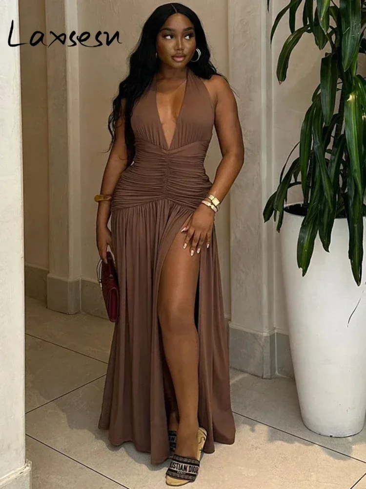 Laxsesu profundo decote em v halter vestido mulher verão babados splits sem costas elegante retalhos sólido festa coquette sexy vestidos - Imagem 6