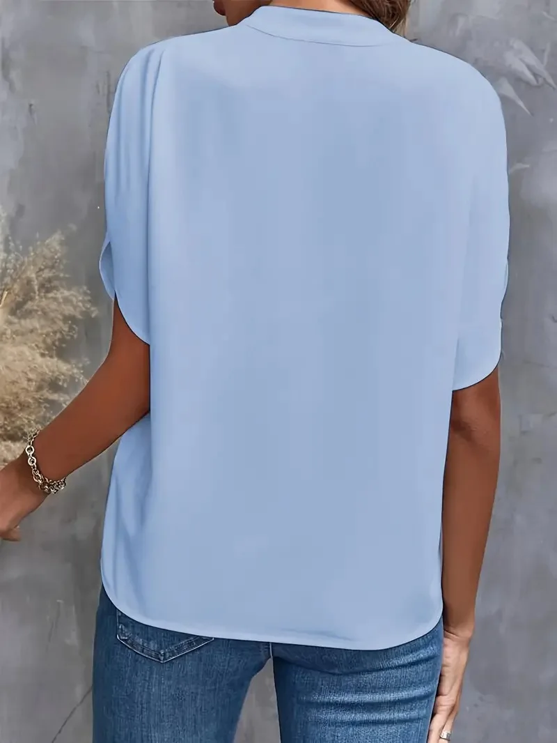 Verão elegante blusa feminina novo decote em v manga curta cor sólida camisa solta casual branco topos senhora do escritório blusas - Imagem 12