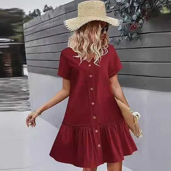 Casual algodão linho verão mini vestido para mulheres com decote em v babados manga curta vestido curto senhoras moda vestidos de botão solto - Imagem 4