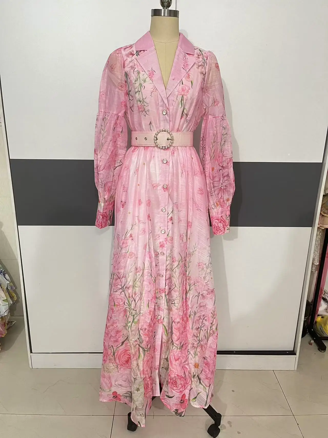 Palácio floral maxi vestido feminino verão férias vestidos longos camisa 2025 primavera manga cheia único breasted pérolas festa vestidos - Imagem 15