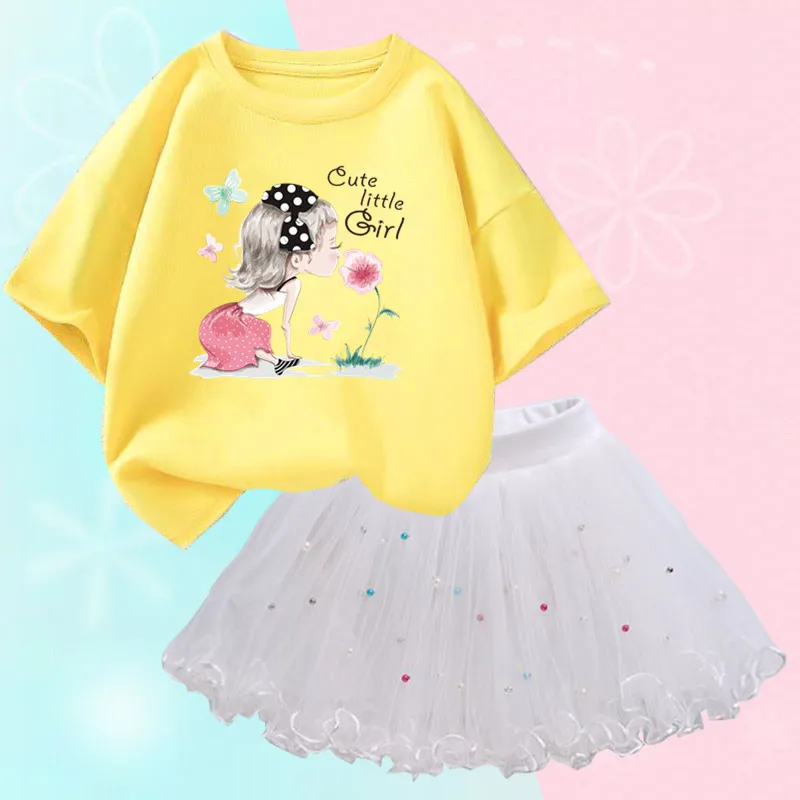 Conjunto de duas peças feminino, saia de malha tutu e camiseta, roupa de festa infantil, bonita coreana, moda verão, 3-14 anos - Imagem 27