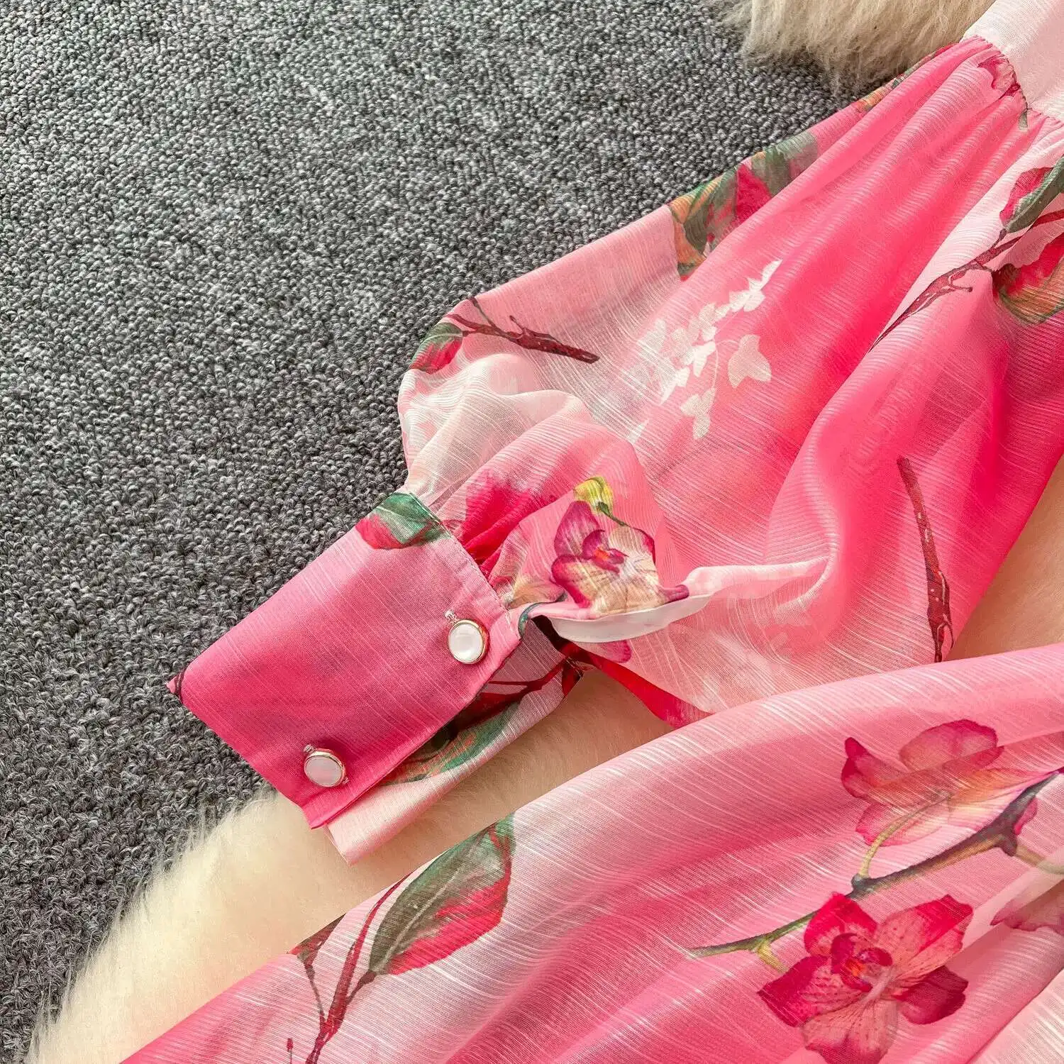 Palácio floral maxi vestido feminino verão férias vestidos longos camisa 2025 primavera manga cheia único breasted pérolas festa vestidos - Imagem 23