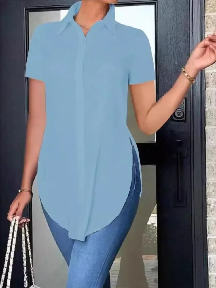 Blusas femininas verão casual branco camisa de manga curta moda ol lapela irregular camisas finas roupas femininas streetwear topos - Imagem 4