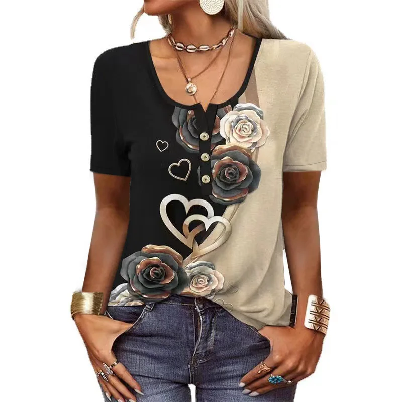 Camisas elegantes para mulheres manga curta moda estilo étnico solto retro casual botão blusas 3d flor impressão solta verão topos - Imagem 4