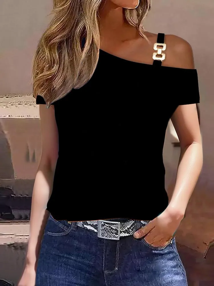 Blusa Feminina Fora do Ombro, Manga Curta, Folha de Metal, Camisa Diagonal, Casual Solta, Elegante Camisas de Escritório, Moda - Imagem 6
