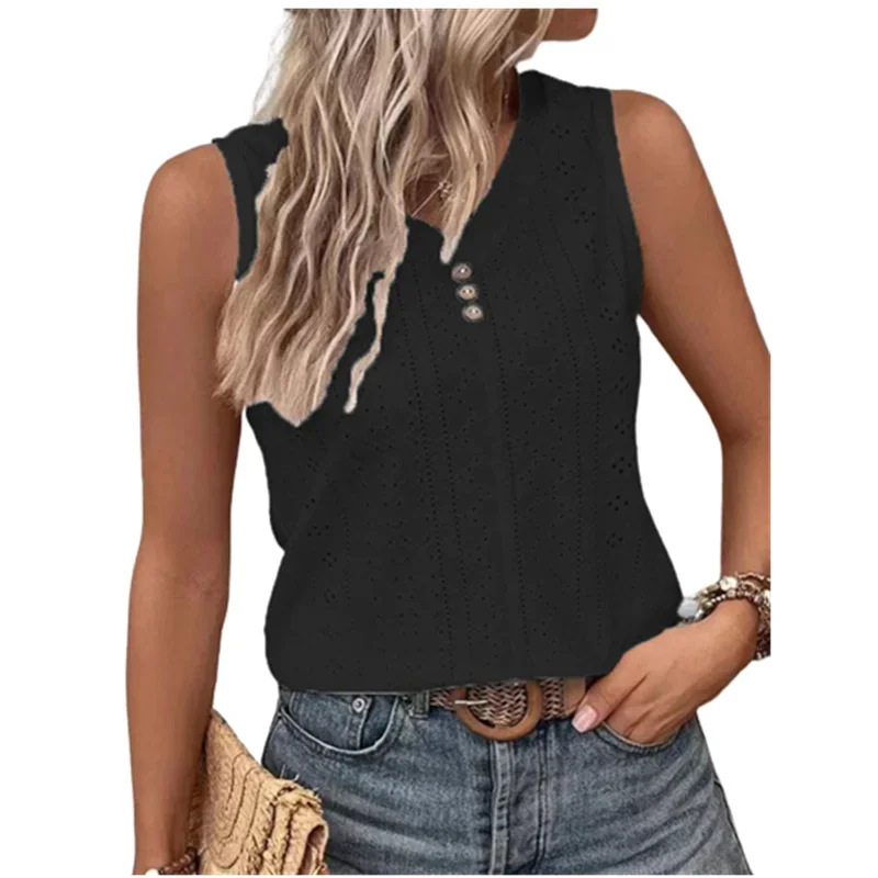 Blusas femininas de verão oversized com decote em v cor sólida sexy tanque oco botão camisas soltas elegante doce casual sem mangas topos - Imagem 2