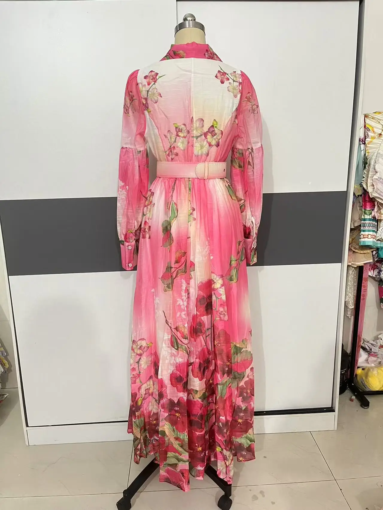 Palácio floral maxi vestido feminino verão férias vestidos longos camisa 2025 primavera manga cheia único breasted pérolas festa vestidos - Imagem 10