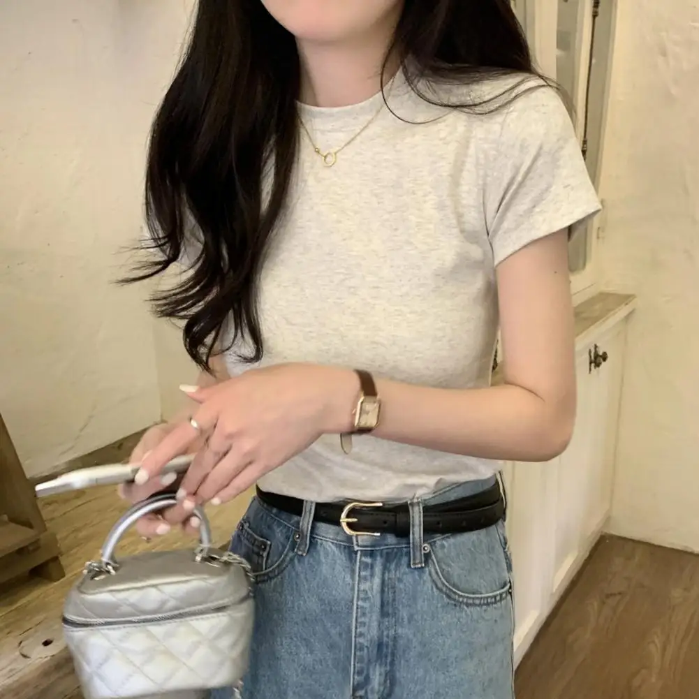 Blusa elegante de manga curta feminina, camiseta feminina slim fit elegante, pulôver macio com o pescoço, streetwear monocromático, top elástico - Imagem 5