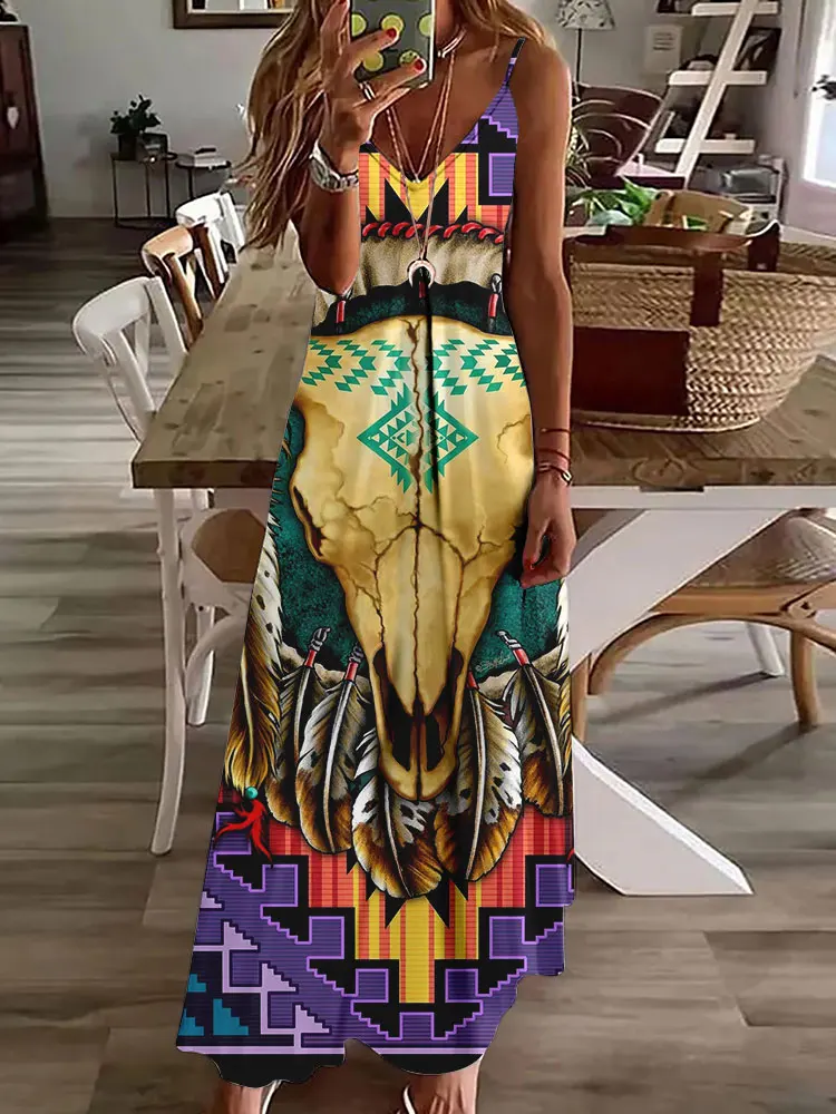 2024 novo vestido de estampa vintage de coruja 3D, sem mangas, longo, feminino, padrão tribal, pulseira de espaguete, verão, vestido longo e solto - Imagem 12