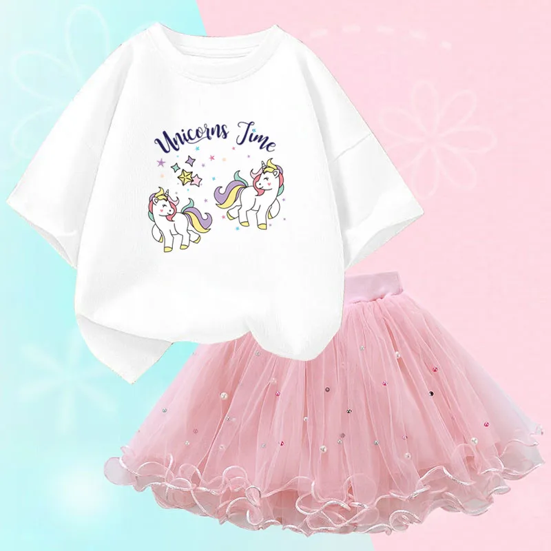 Conjunto de duas peças feminino, saia de malha tutu e camiseta, roupa de festa infantil, bonita coreana, moda verão, 3-14 anos - Imagem 22