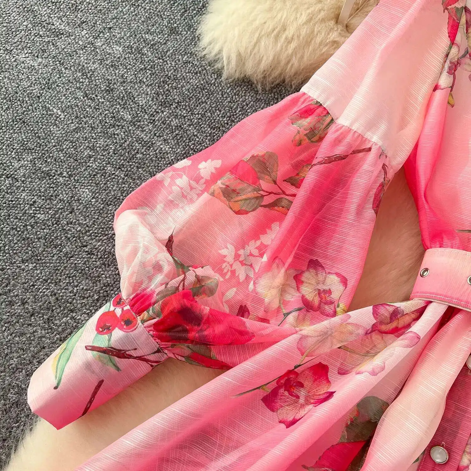 Palácio floral maxi vestido feminino verão férias vestidos longos camisa 2025 primavera manga cheia único breasted pérolas festa vestidos - Imagem 30