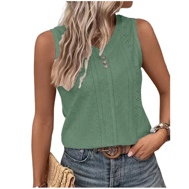 Blusas femininas de verão oversized com decote em v cor sólida sexy tanque oco botão camisas soltas elegante doce casual sem mangas topos - Imagem 3