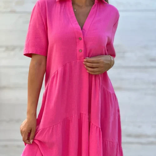 Moda manga curta branco algodão linho vestido feminino 2024 verão solto casual botões vestidos confortáveis para mulher robe femme