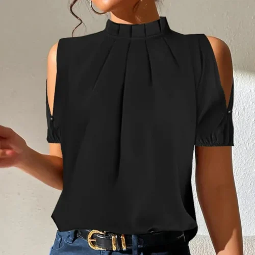 Blusa feminina de manga curta, blusa casual de escritório preta para senhoras, camisa da moda, verão